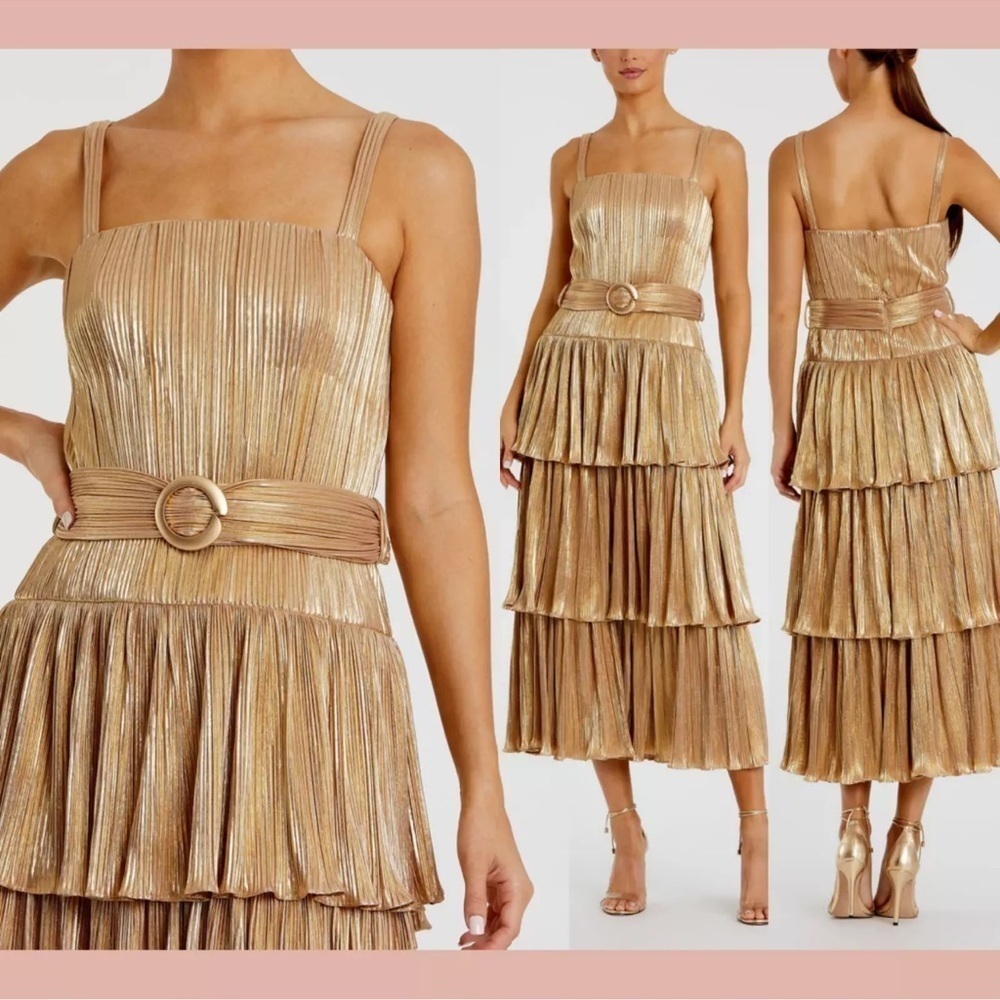 Mac Duggal - NWT - 27062 Ruffle Tiered Buckle Detail Dress - Gold Metallic $398